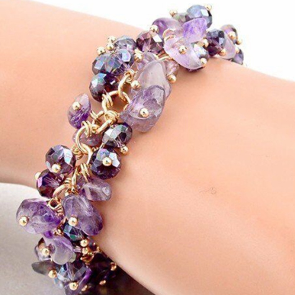Natural Crystal Purple Stone Chipped Raw Bracelet - Up to 8" W/Extender - Picture 3 of 9